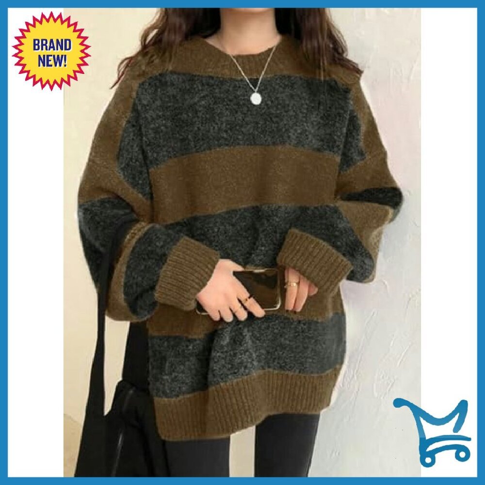 Oversized Striped Pullover Sweater 100% Polyester Long Sleeve Crewneck - Picture 5 of 8